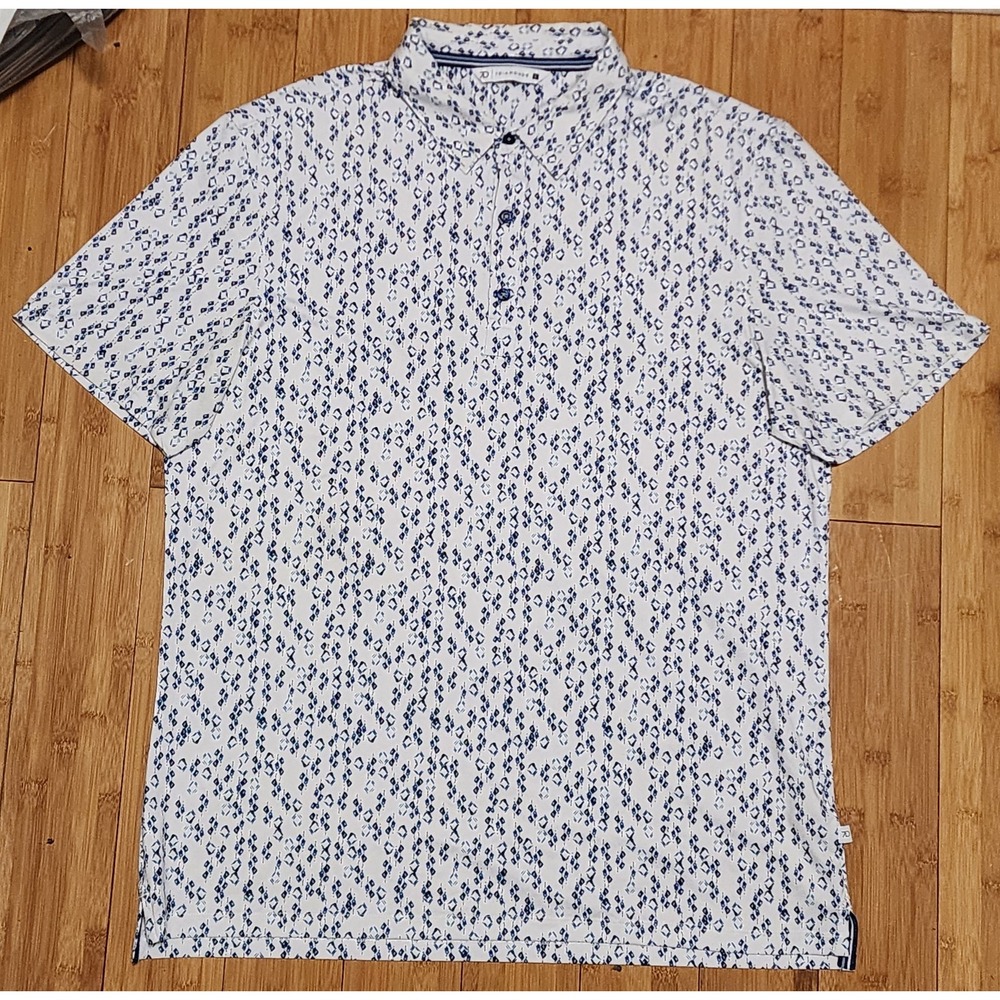 7 Diamonds Men's Large Borneo 4-Way Stretch Golf Polo Shirt White Blue Geometric